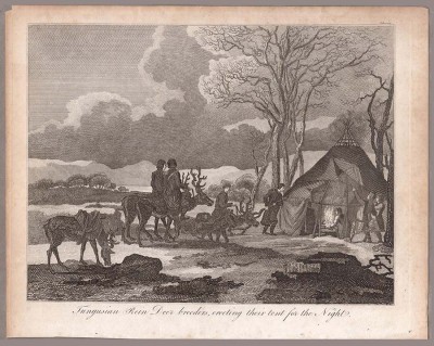 Сибирь. Тунгусcкие оленеводы, устанавливающие свою палатку на ночь, [1809] год.