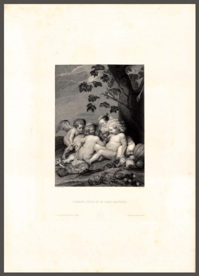 Рубенс. Маленькие Иисус и Иоанн с ангелочками, антикварная гравюра 1840-е гг.