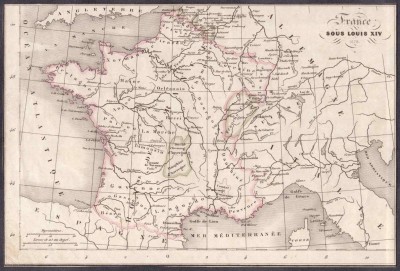 Антикварная карта Франции при Людовике XIV. Гравюра 1850-х годов.