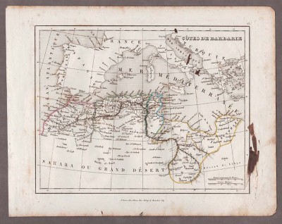 Антикварная Карта Средиземного моря. Берберы. Гравюра 1830-х годов. 