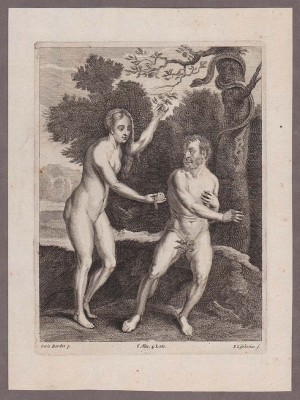 Бордоне. Адам и Ева, Антикварная гравюра 1650-е годы.